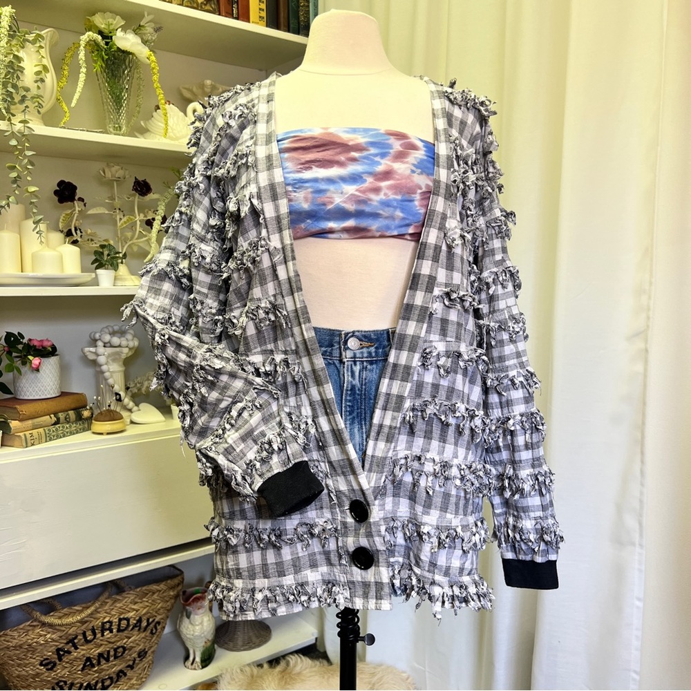 90s Paula Sweet Funky Fringed Plaid Drop Waisted Blazer